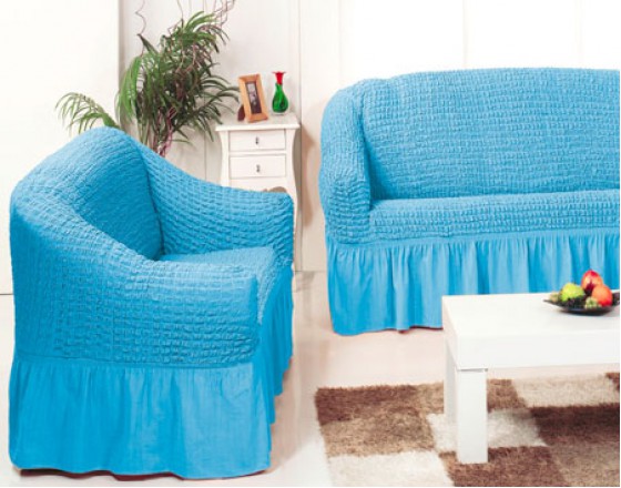 Чехол на угловой диван и 1 кресло на резинке синий ML-09