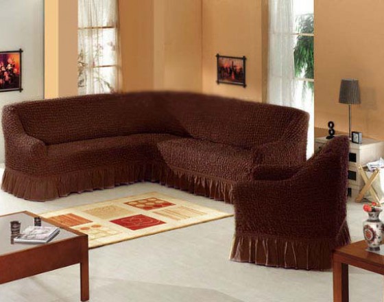 Универсальный чехол на угловой диван и одно кресло коричневый ML-04