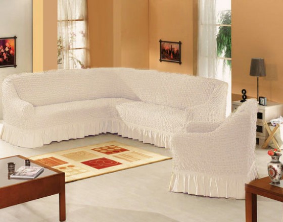 Чехол на угловой диван и одно кресло на резинке кремовый ML-06