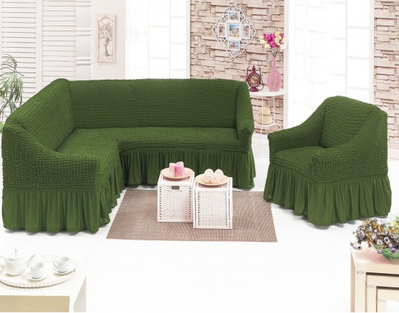 Чехол на угловой диван и одно кресло зеленый ML-02