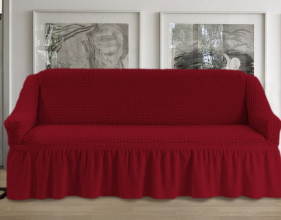 Чехол на четырехместный диван с оборкой бордовый 