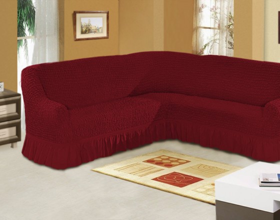 Чехол на угловой диван на резинке бордовый M-02