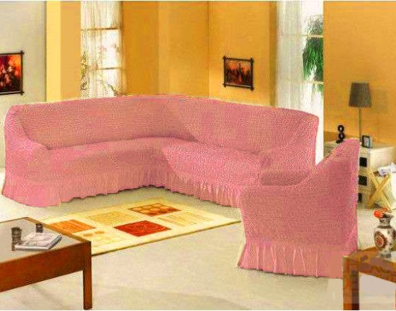 Чехол на угловой диван и одно кресло светло розовый ML-14