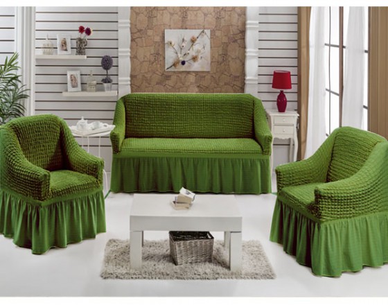 Чехол на диван и 2 кресла натяжные зеленый S-19