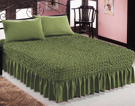 Чехол покрывало на кровать на резинке с 2 наволочками зеленый