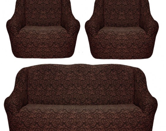 Натяжной чехол на диван и 2 кресла жаккард коричневый S-22