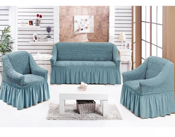 Чехол диван и 2 кресла натяжные серо голубой S-36