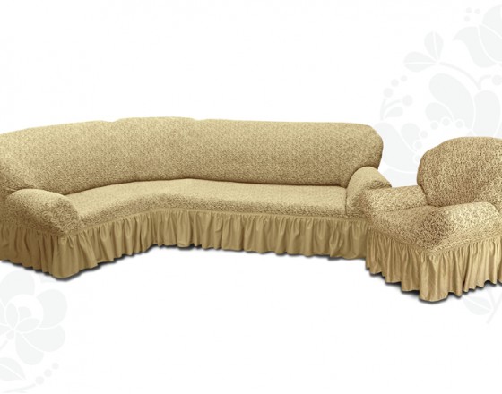 Чехол на угловой диван и одно кресло с оборкой жаккардовый медовый