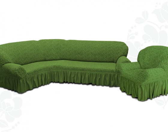 Чехол на угловой диван и одно кресло с оборкой жаккардовый зеленый