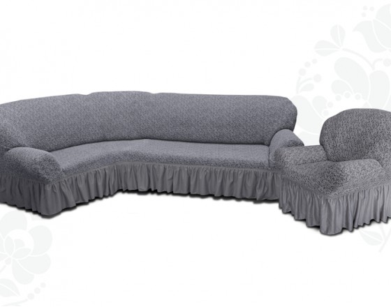 Чехол на угловой диван и одно кресло с оборкой жаккардовый темно серый