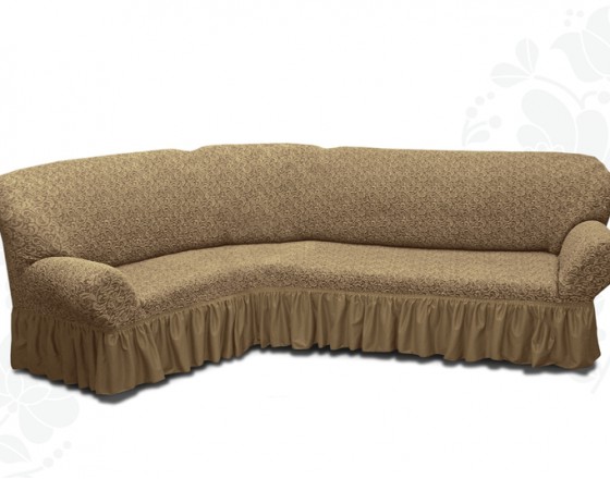 Чехол на угловой диван с оборкой жаккардовый кофейный