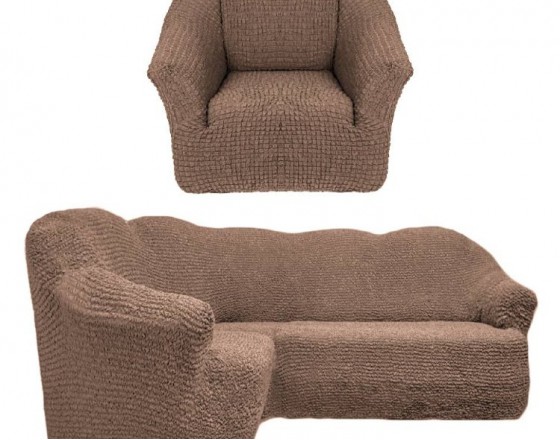 Чехол на угловой диван и кресло без оборки кофе T-004