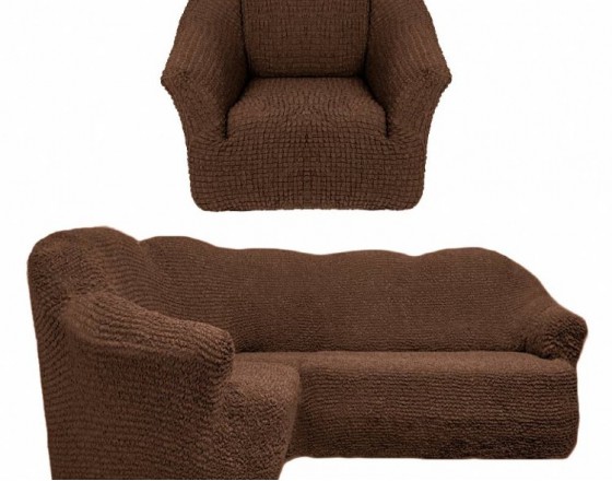 Чехол на угловой диван и кресло без оборки коричневый T-001
