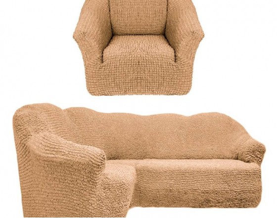 Чехол на угловой диван и кресло без оборки медовый T-002