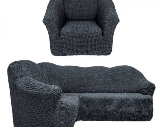 Чехол на угловой диван и кресло без оборки темно-серый T-008