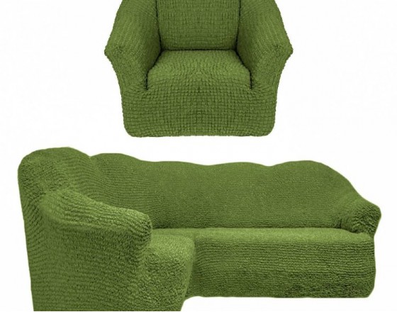 Чехол на угловой диван и кресло без оборки зеленый T-007