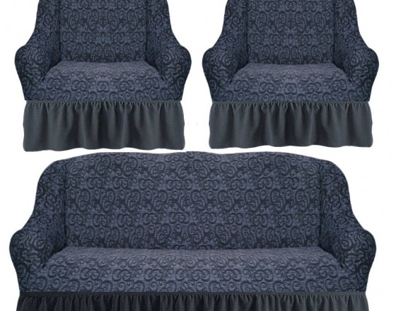 Комплект чехлов на диван и 2 кресла с оборкой вензеля жаккард цвет: темно серый
