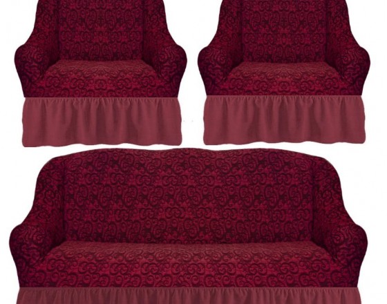 Комплект чехлов на диван и 2 кресла с оборкой вензеля жаккард цвет: бордовый