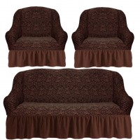 Комплект чехлов на диван и 2 кресла с оборкой вензеля жаккард цвет: коричневый