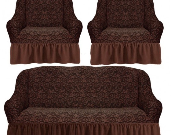 Комплект чехлов на диван и 2 кресла с оборкой вензеля жаккард цвет: коричневый