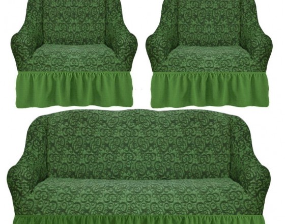 Комплект чехлов на диван и 2 кресла с оборкой вензеля жаккард цвет: фисташковый